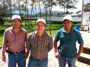 Chajul co-op leadership: Arcadio Daniel, Miguel Tzoy and Asociacion Chajulense's cupper at the Chajul co-op's warehouse & beneficio in Chajul, Guatemala, February, 2014.